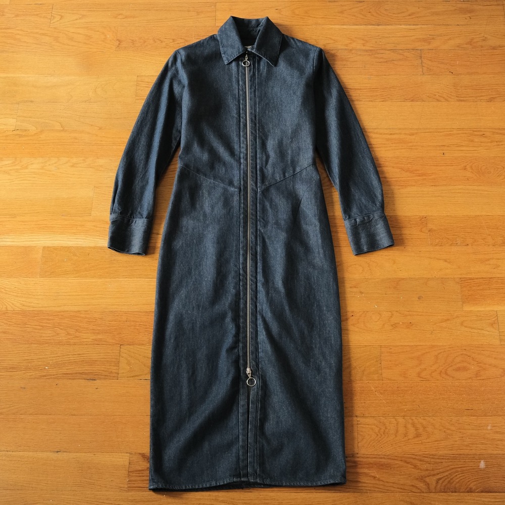 Zara Denim Zipper Dress Women Dark Blue Midi Lapel Collar Long Sleeve Utility XS